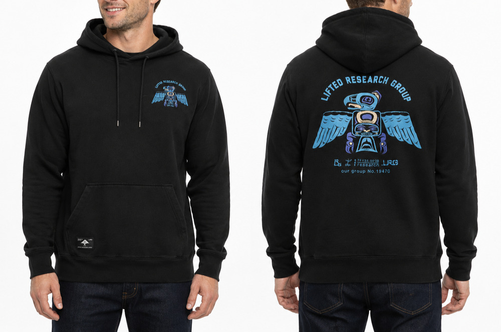 LRG Lifted Research Group Hoodie Men XL Black Eagle Totem Graphic Sweatshirt Y2K